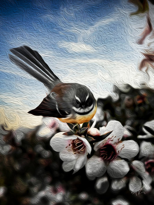 FANTAIL ON MANUKA Art Print on Canvas (portrait)